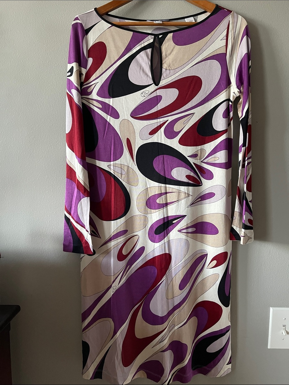 Silk vintage Flora Kung Purple & Cream Long Sleeve Abstract Print Women's Dress